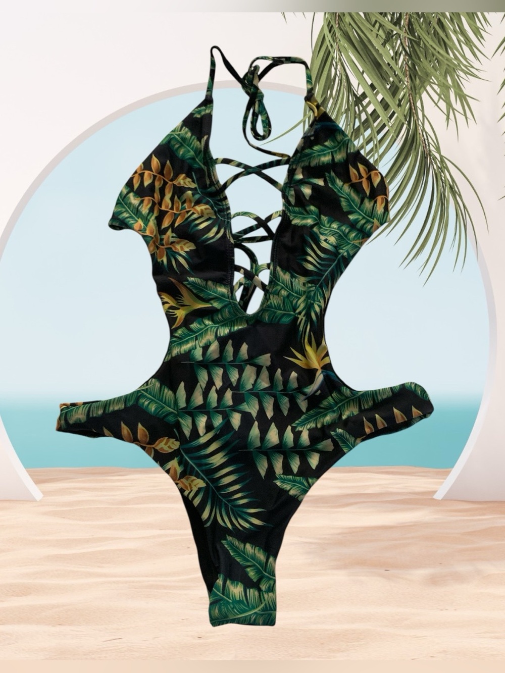 Tropical Green Leaf Lace-Up One-Piece Swimsuit for Adults